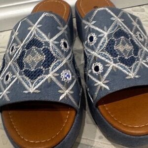 Embroidered Blue Slide Sandals